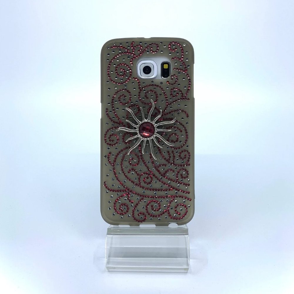 Galaxy S6 Edge rubber silicone case. Unique. Handmade. Pink, silver rhinestones